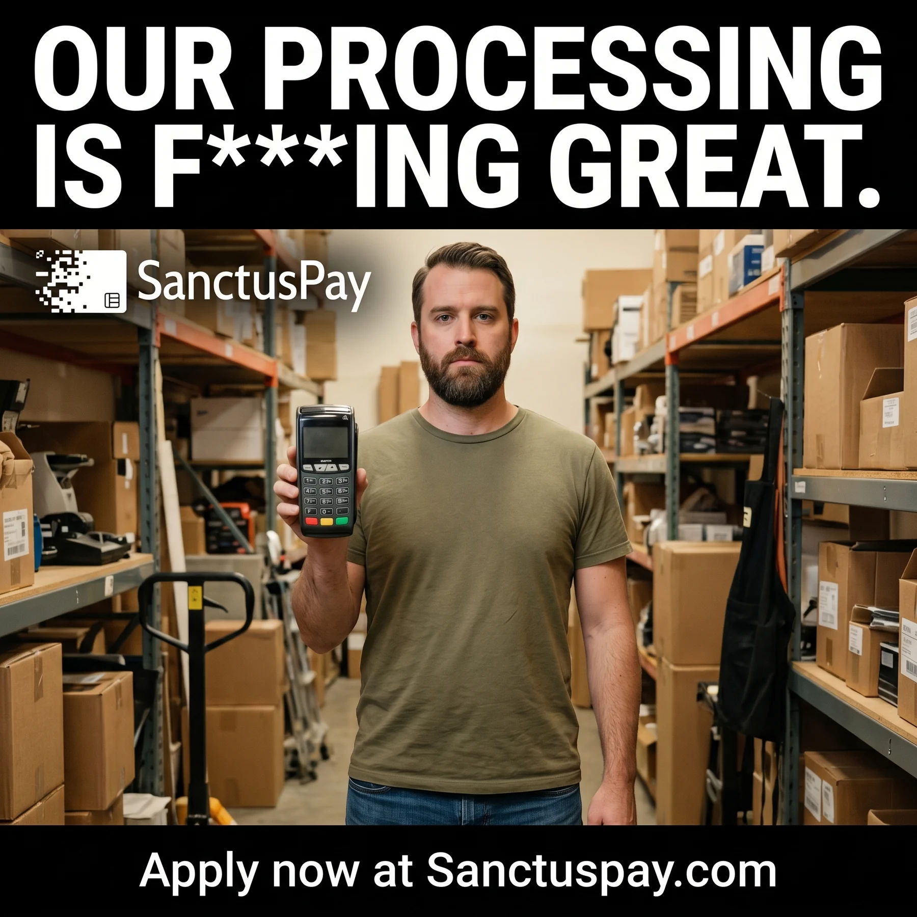 SanctusPay static ad featuring a merchant holding a payment terminal.